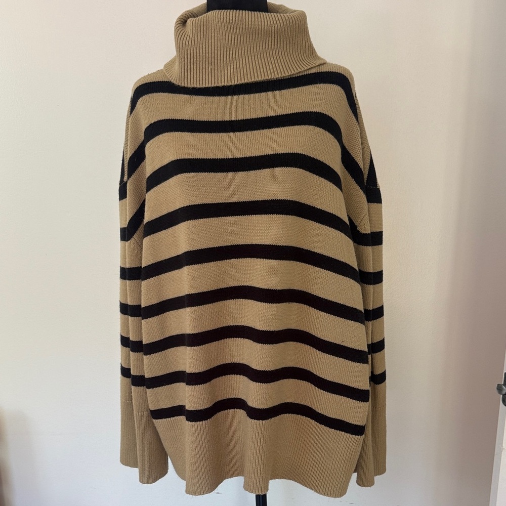 WeWoreWhat Tan and Black Striped Turtleneck Sweater